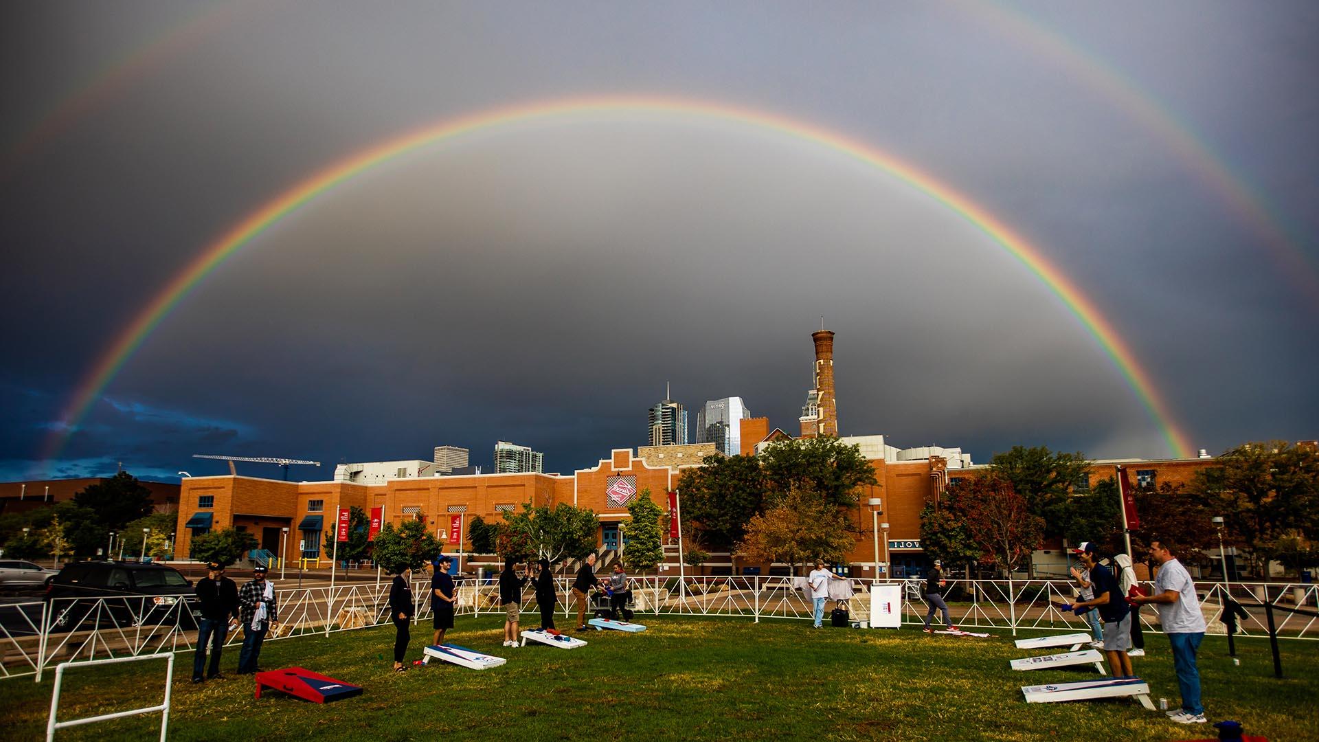 Photograph of a double rainbow over the Tivoli Student Union.